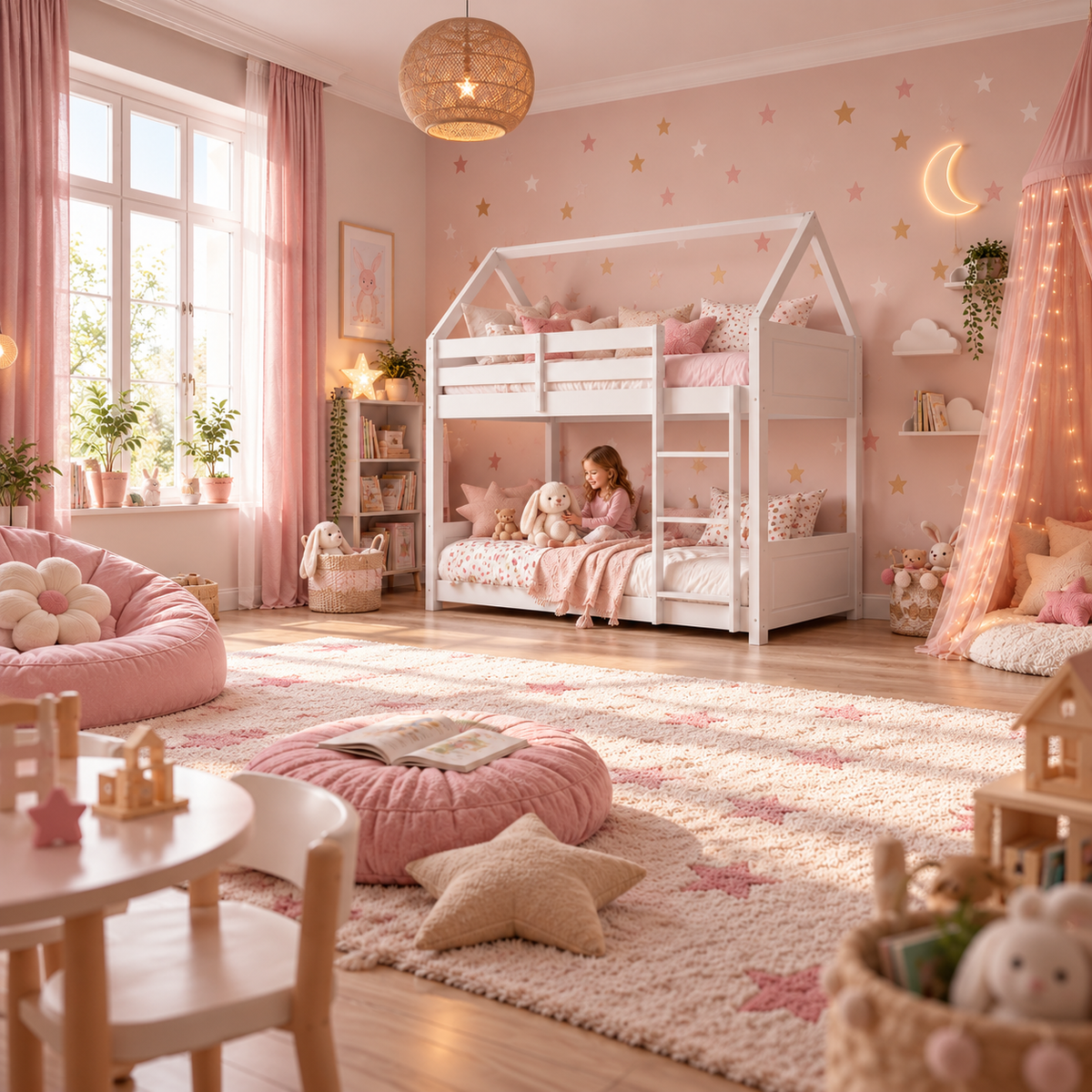 White Wooden House Bunk Bed with Play House Frame