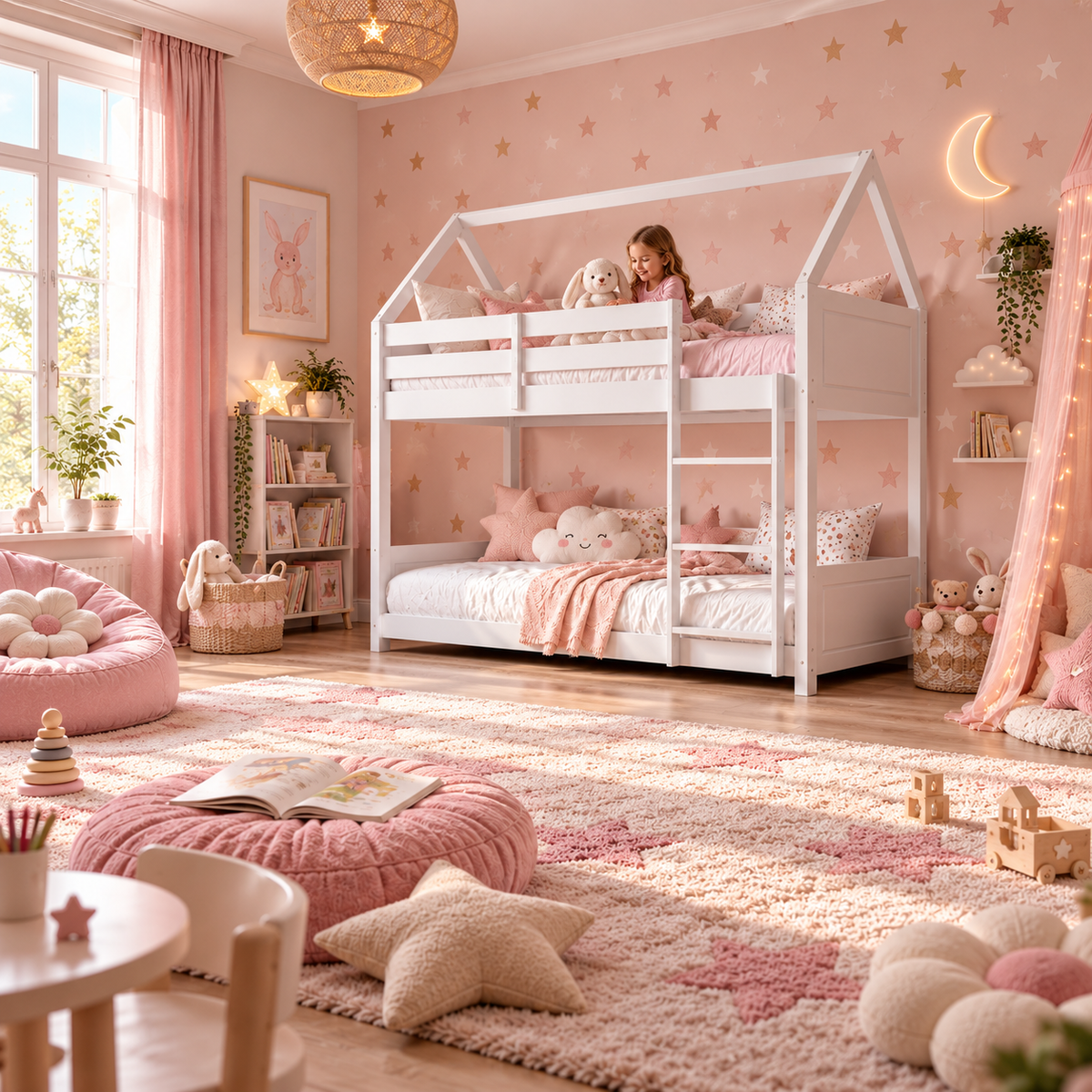 White Wooden House Bunk Bed with Play House Frame