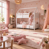 White Wooden House Bunk Bed with Play House Frame