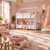 White Wooden House Bunk Bed with Play House Frame