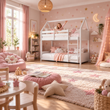White Wooden House Bunk Bed with Play House Frame