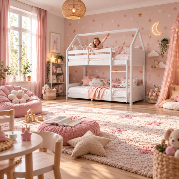 White Wooden House Bunk Bed with Play House Frame