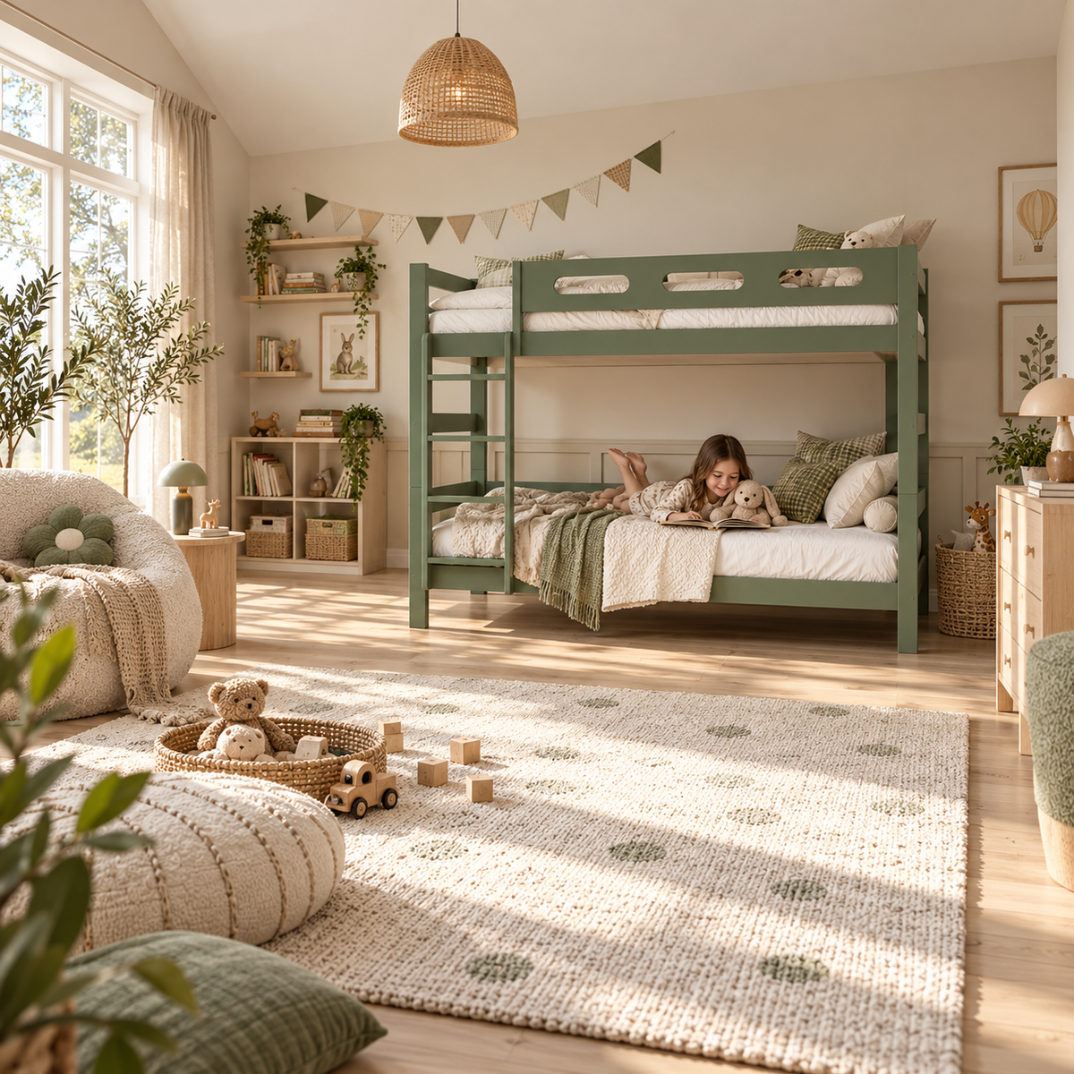 Green Wooden Bunk Bed that Splits into Two Single Beds