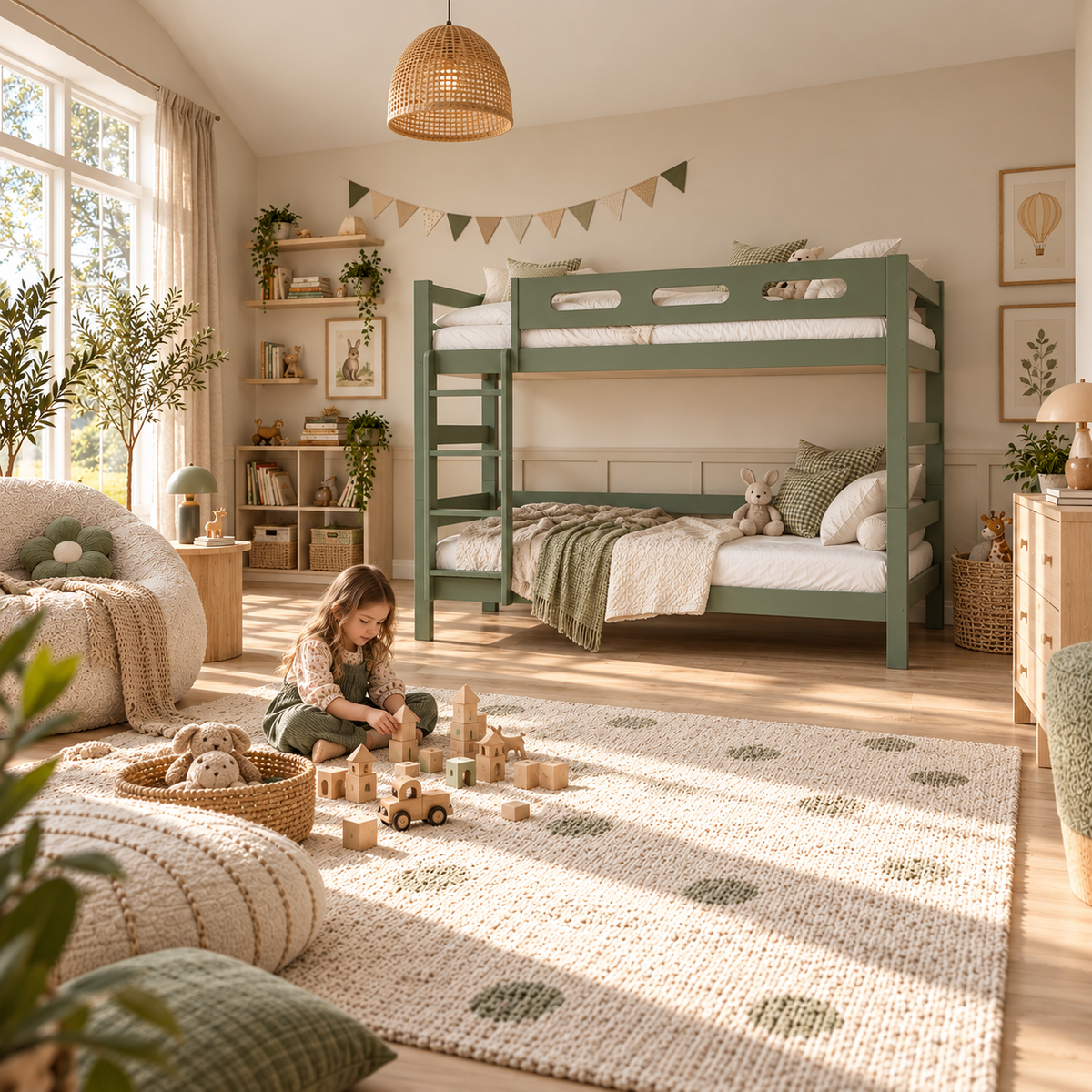 Green Wooden Bunk Bed that Splits into Two Single Beds