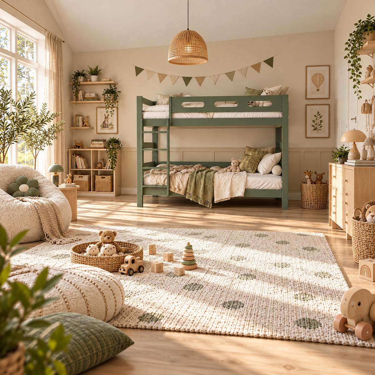 Green Wooden Bunk Bed that Splits into Two Single Beds