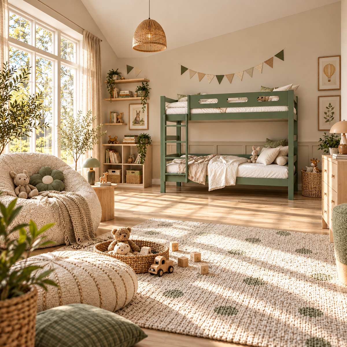 Green Wooden Bunk Bed that Splits into Two Single Beds