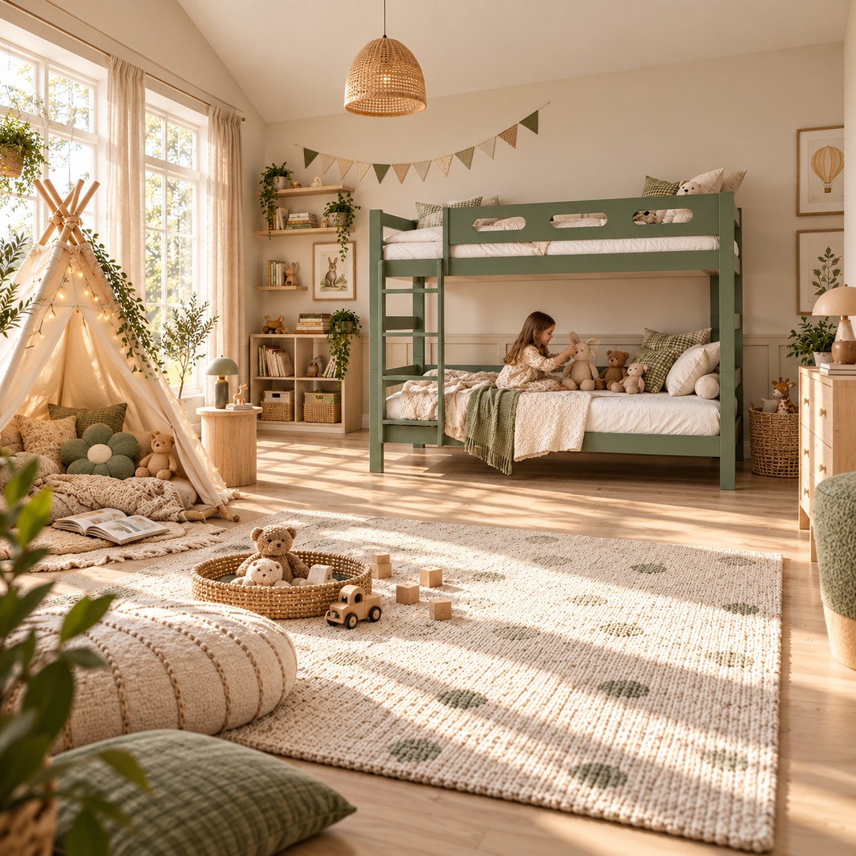 Green Wooden Bunk Bed that Splits into Two Single Beds