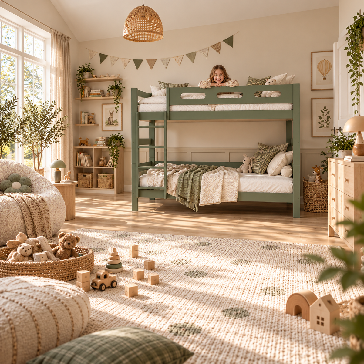 Green Wooden Bunk Bed that Splits into Two Single Beds