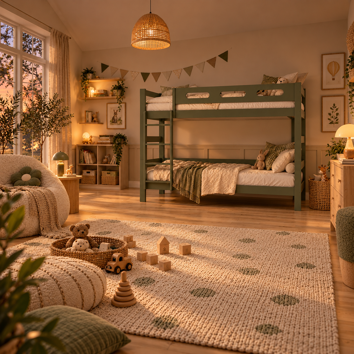 Green Wooden Bunk Bed that Splits into Two Single Beds