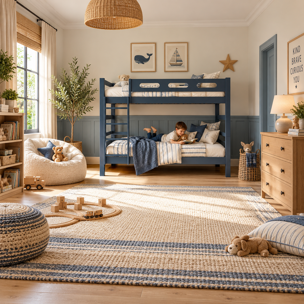 Blue Wooden Bunk Bed that Splits into Two Single Beds
