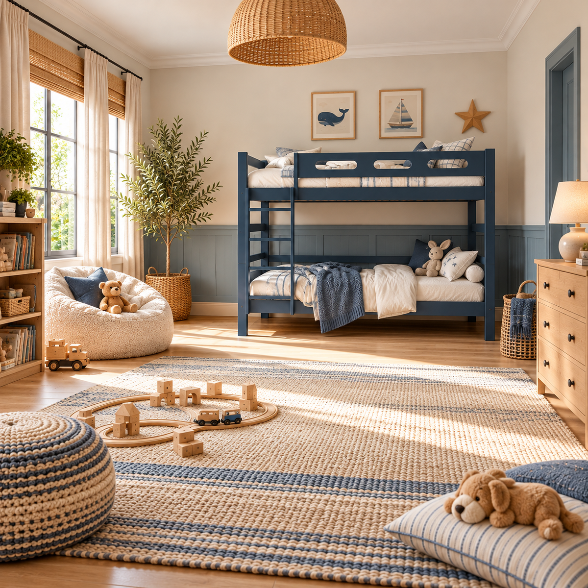 Blue Wooden Bunk Bed that Splits into Two Single Beds