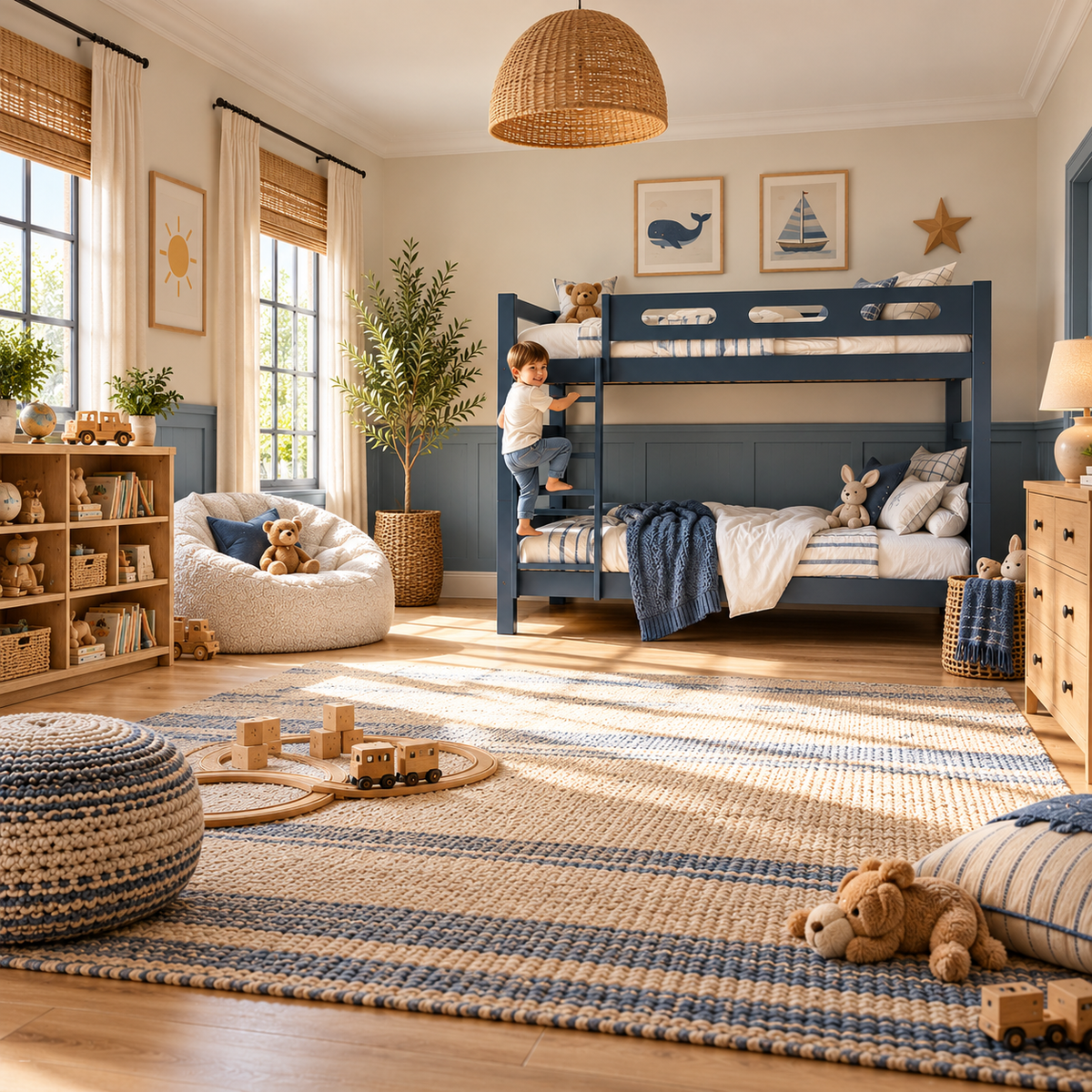 Blue Wooden Bunk Bed that Splits into Two Single Beds