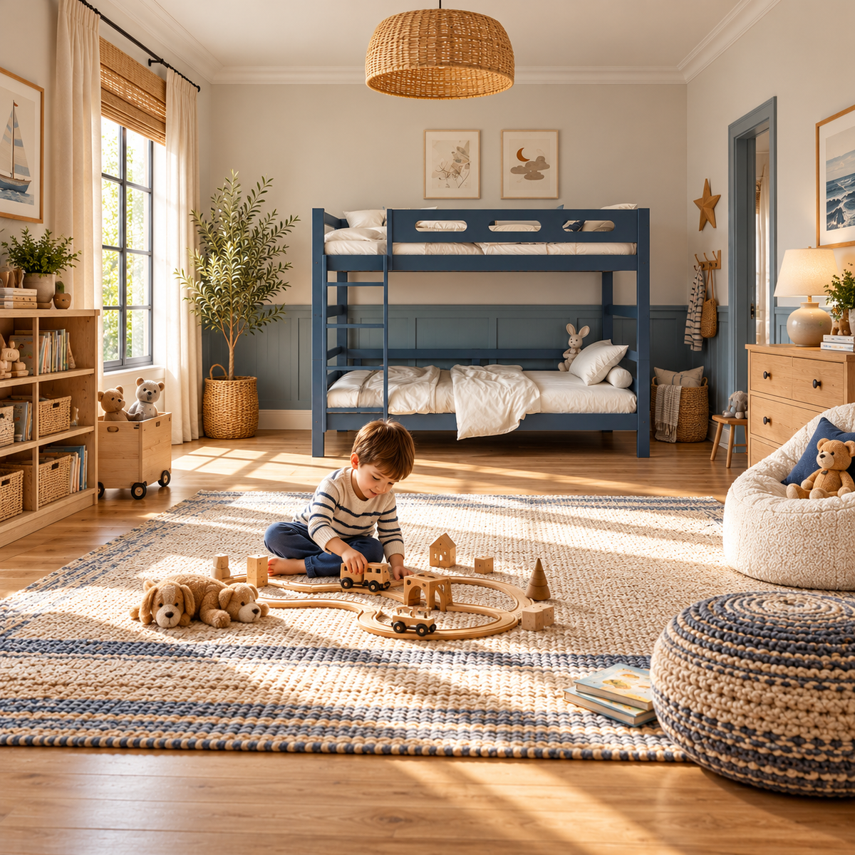 Blue Wooden Bunk Bed that Splits into Two Single Beds