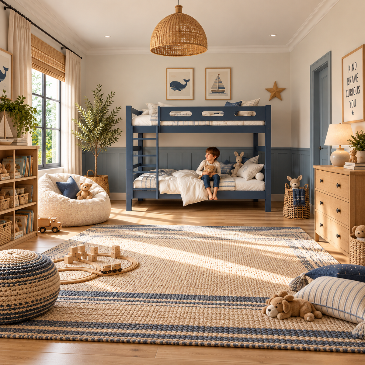 Blue Wooden Bunk Bed that Splits into Two Single Beds