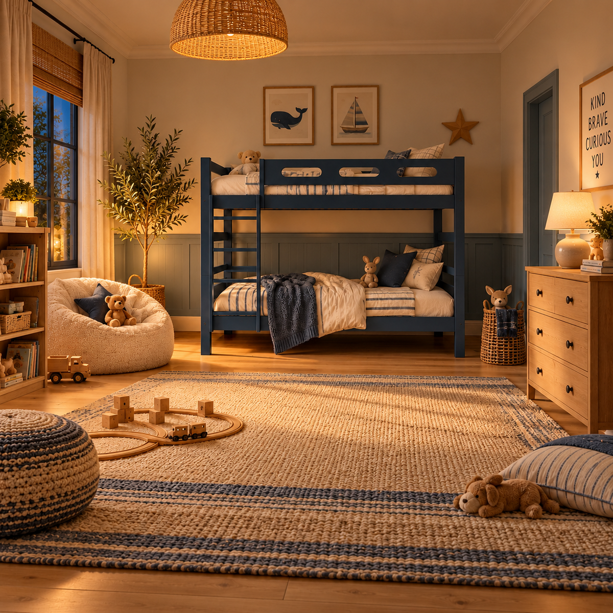 Blue Wooden Bunk Bed that Splits into Two Single Beds