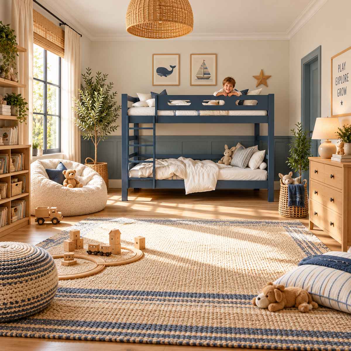 Blue Wooden Bunk Bed that Splits into Two Single Beds