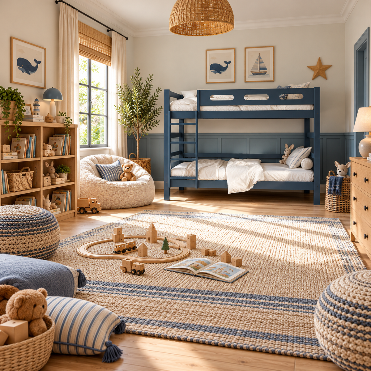 Blue Wooden Bunk Bed that Splits into Two Single Beds