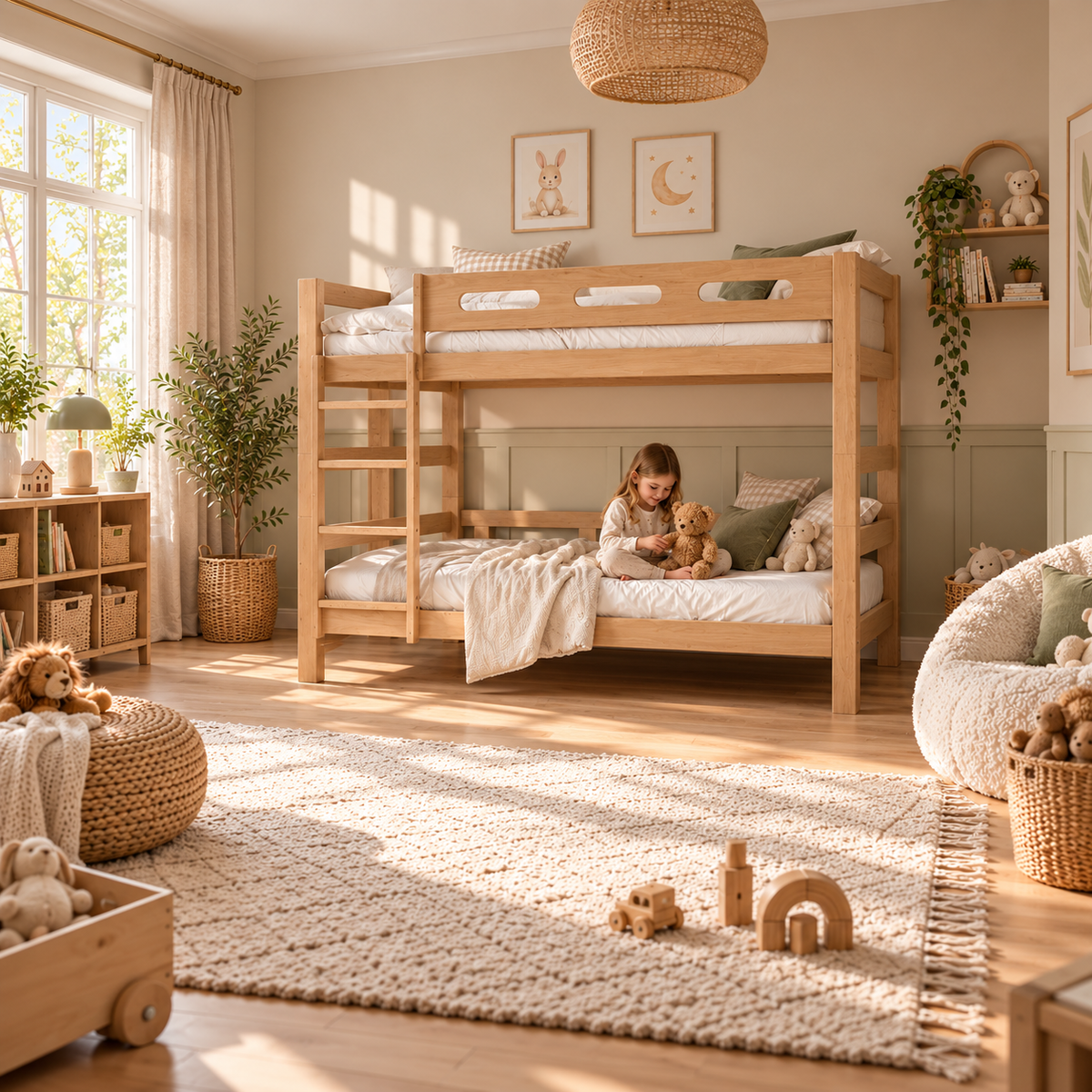 Natural Pine Wooden Bunk Bed that Splits into Two Single Beds