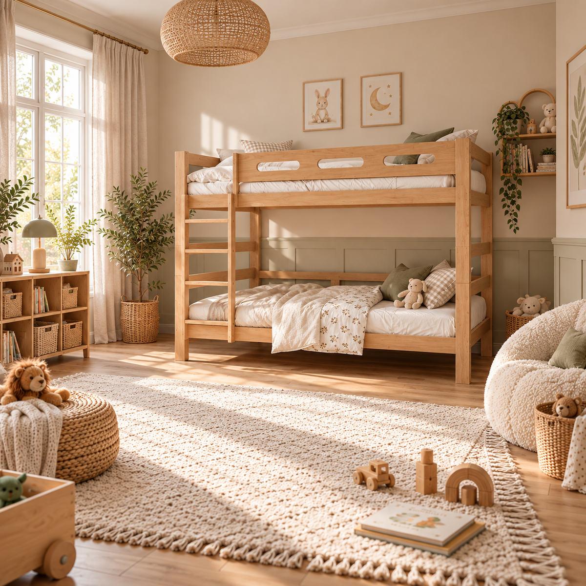 Natural Pine Wooden Bunk Bed that Splits into Two Single Beds