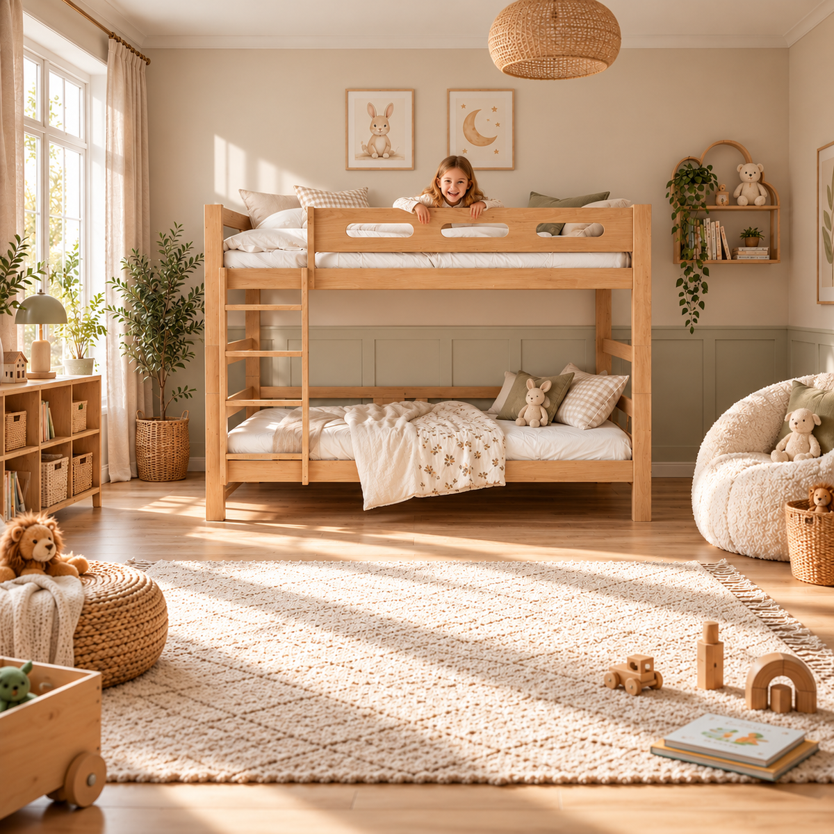 Natural Pine Wooden Bunk Bed that Splits into Two Single Beds