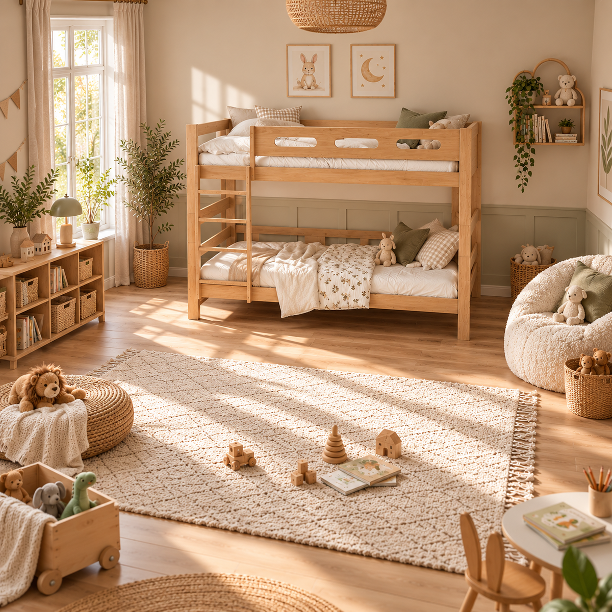 Natural Pine Wooden Bunk Bed that Splits into Two Single Beds