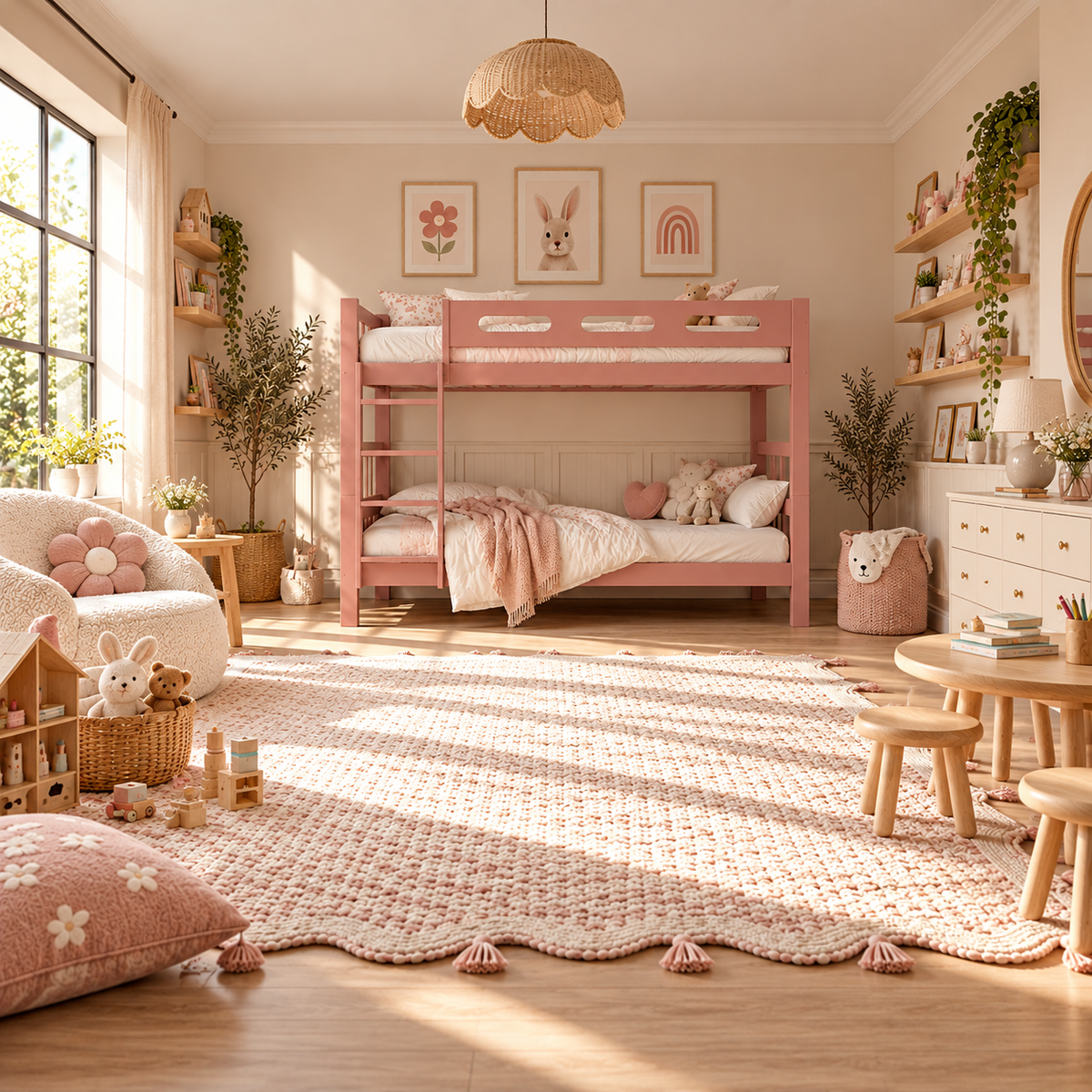 Pink Wooden Bunk Bed that Splits into Two Single Beds