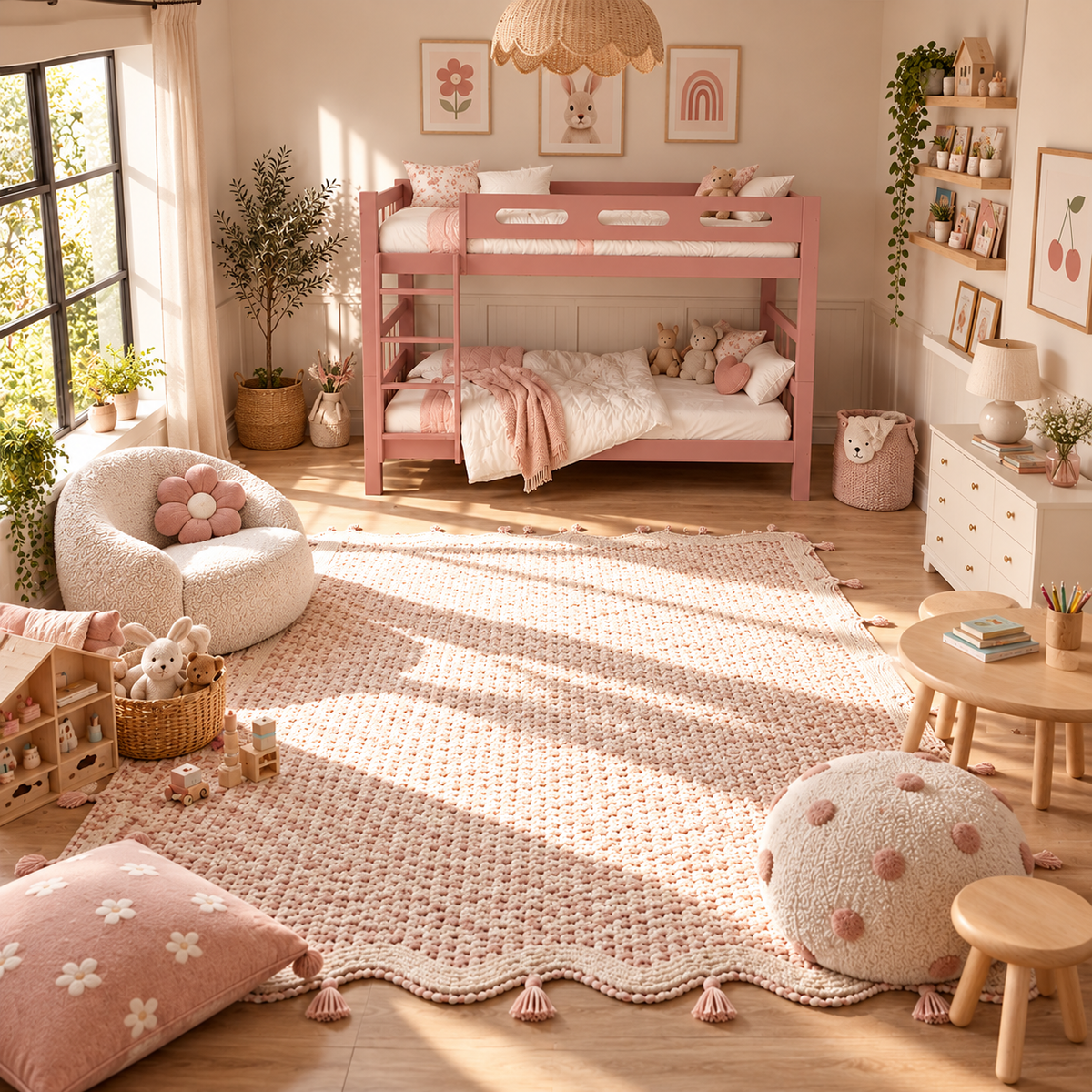 Pink Wooden Bunk Bed that Splits into Two Single Beds