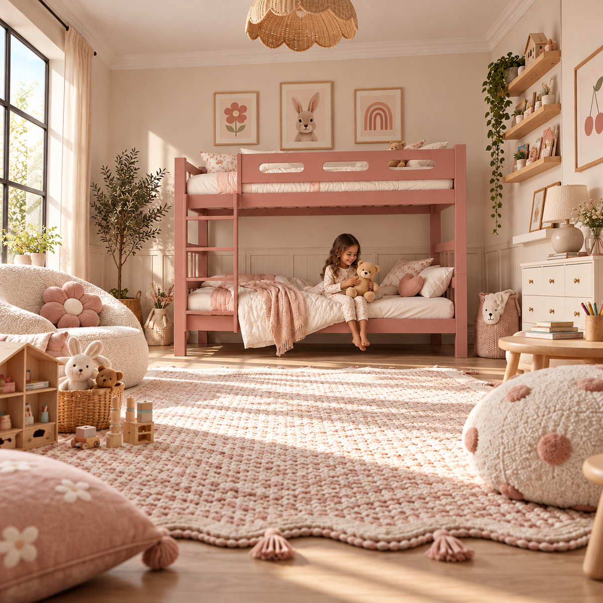 Pink Wooden Bunk Bed that Splits into Two Single Beds