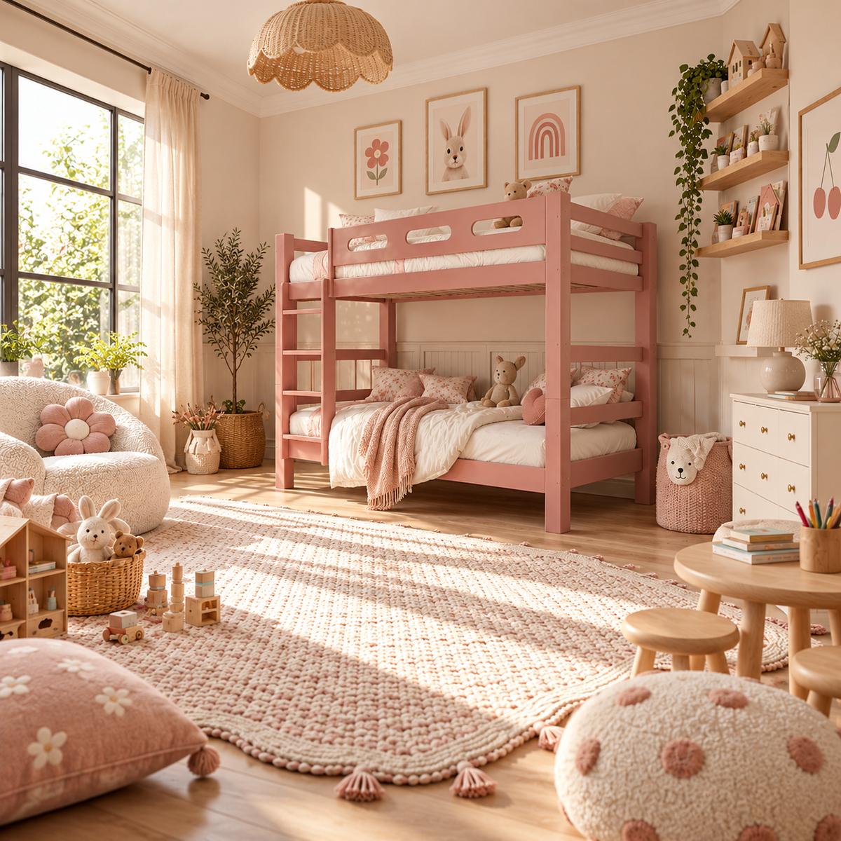 Pink Wooden Bunk Bed that Splits into Two Single Beds