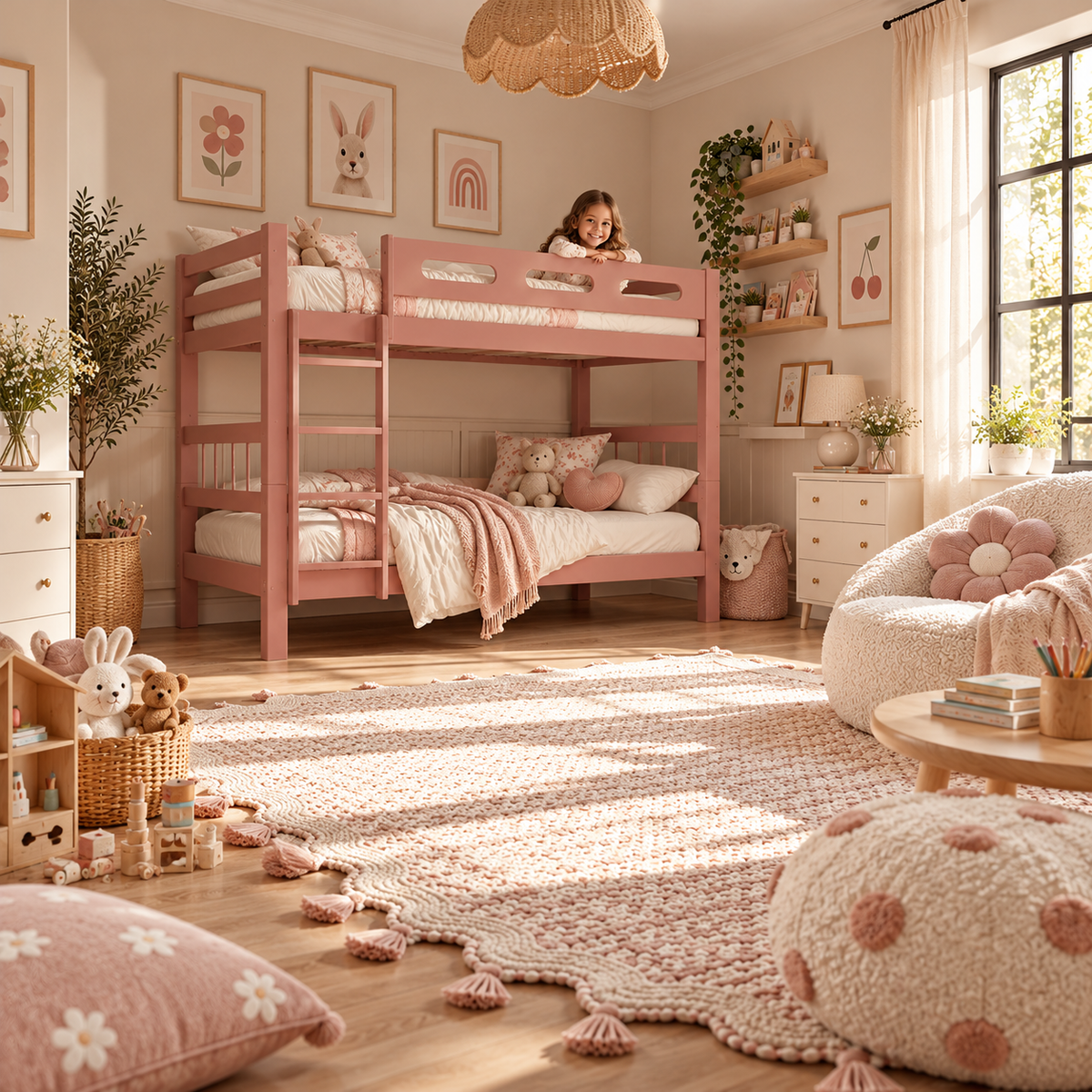 Pink Wooden Bunk Bed that Splits into Two Single Beds