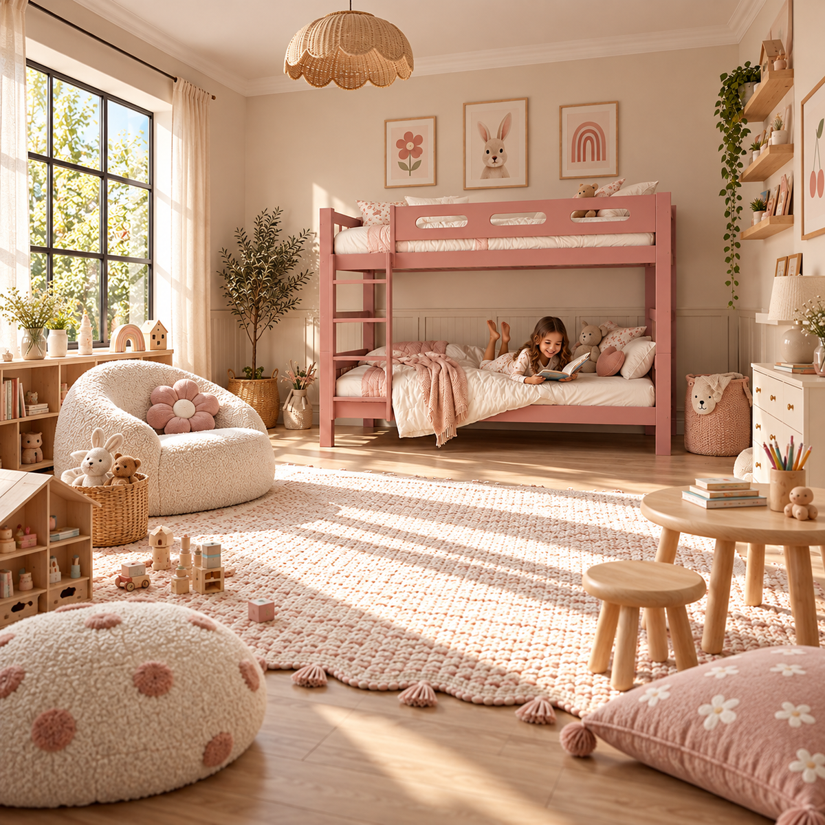 Pink Wooden Bunk Bed that Splits into Two Single Beds
