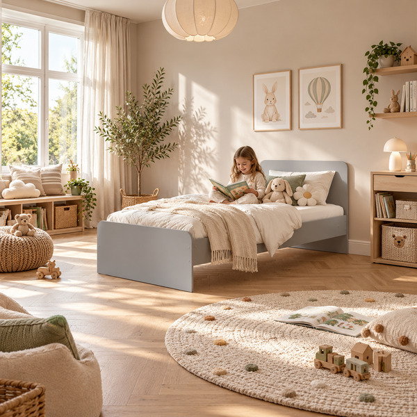 Grey Single Bed Frame with Solid Slatted Base for Kids and Guest Rooms