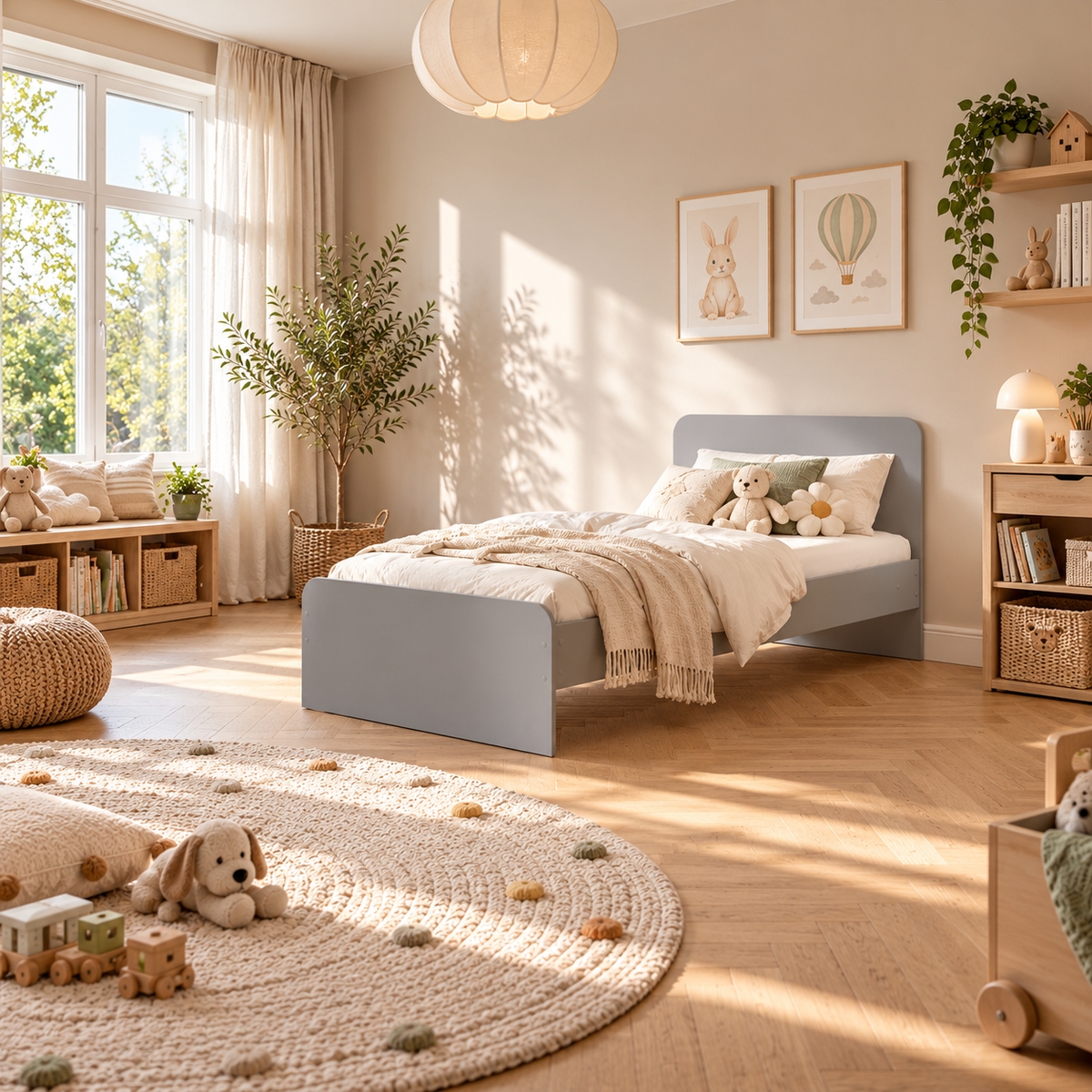 Grey Single Bed Frame with Solid Slatted Base for Kids and Guest Rooms