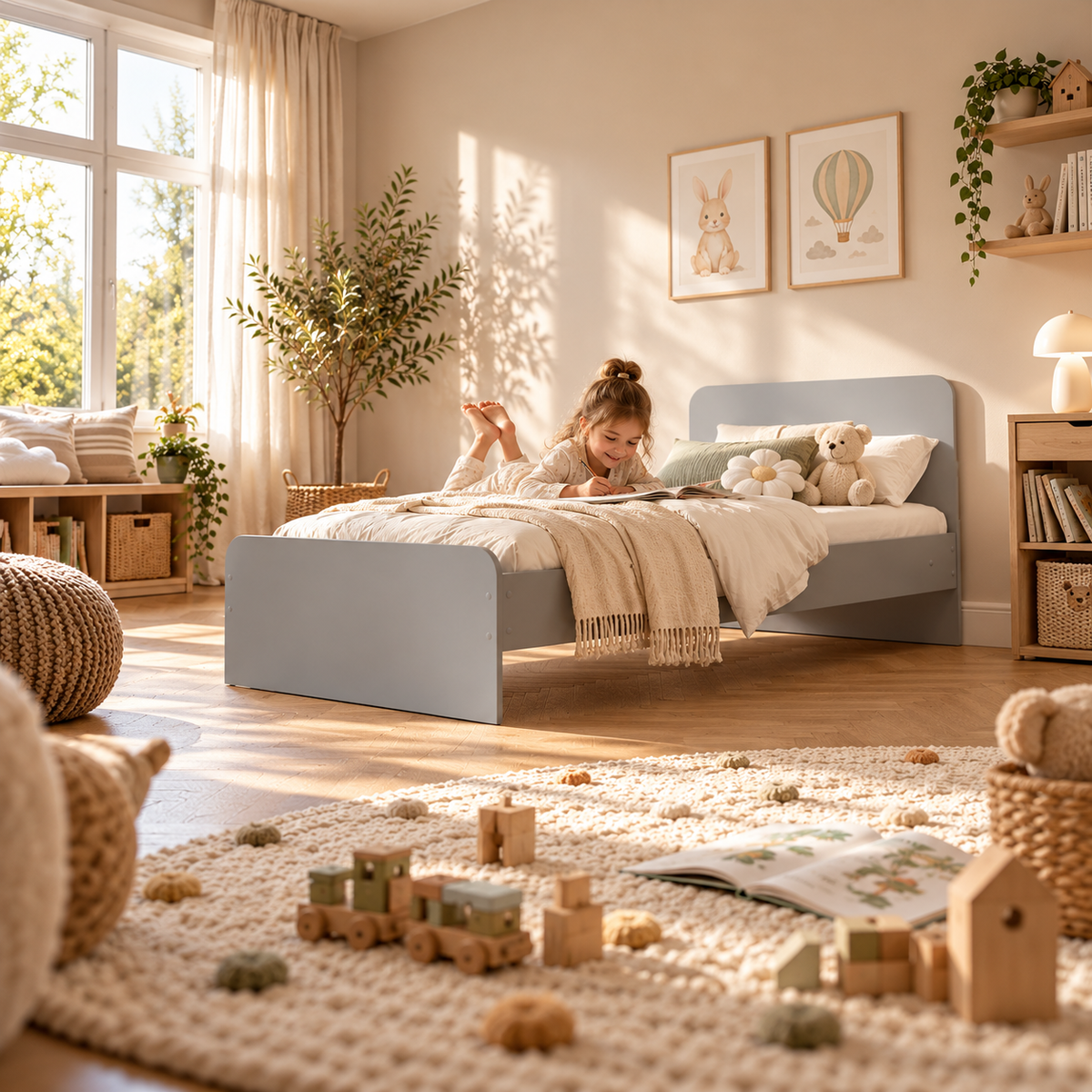 Grey Single Bed Frame with Solid Slatted Base for Kids and Guest Rooms