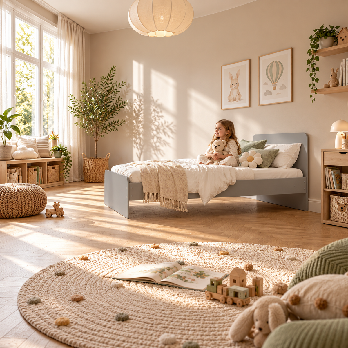 Grey Single Bed Frame with Solid Slatted Base for Kids and Guest Rooms