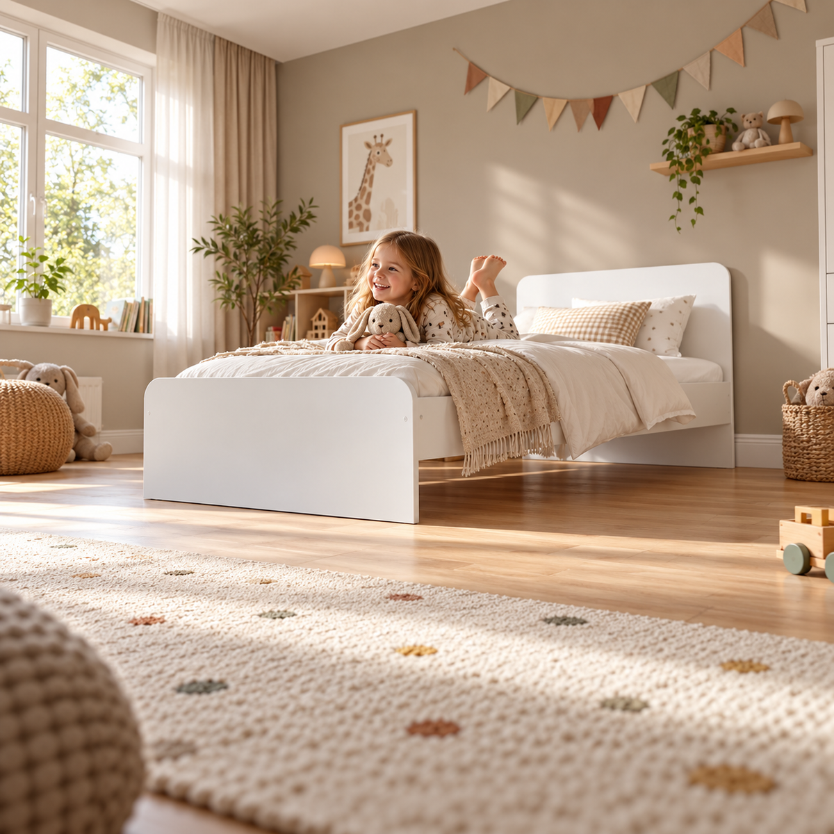 White Single Bed Frame with Solid Slatted Base for Kids and Guest Rooms