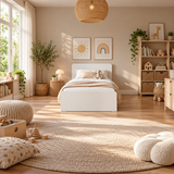 White Single Bed Frame with Solid Slatted Base for Kids and Guest Rooms
