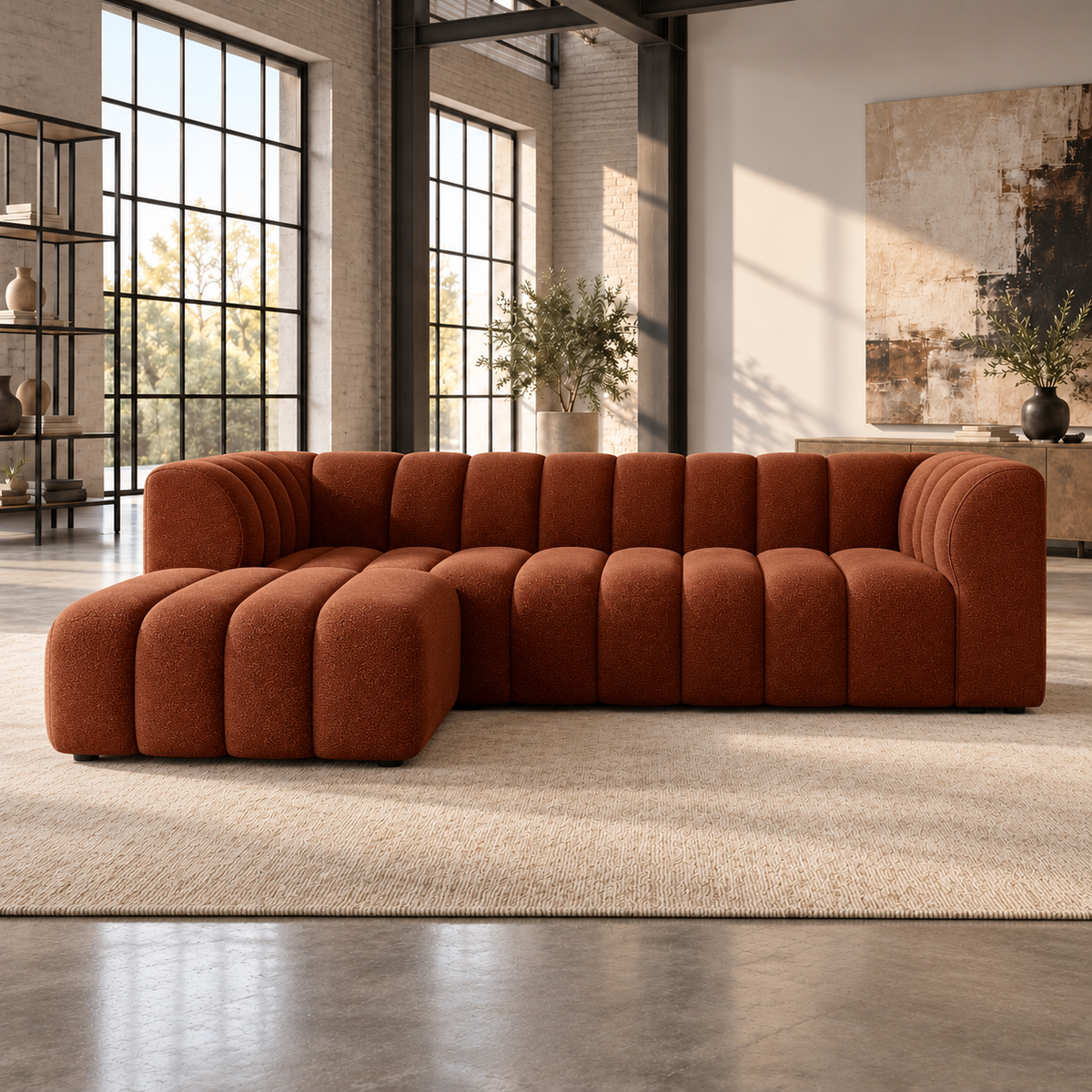 2 Seater Channel Tufted Sofa with Footstool in Burnt Orange Chenille