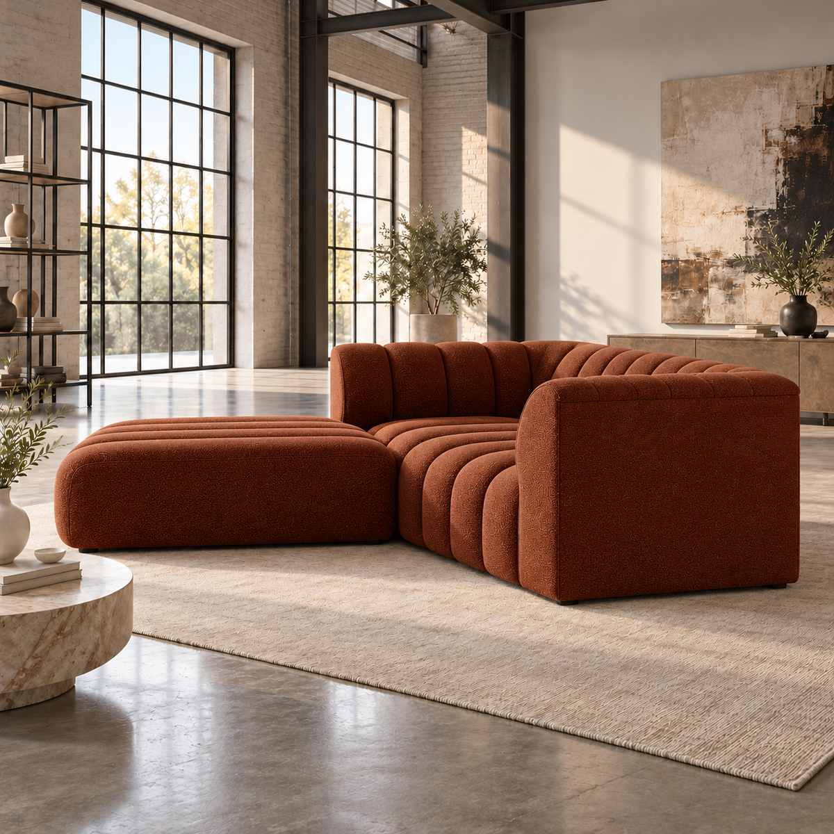 2 Seater Channel Tufted Sofa with Footstool in Burnt Orange Chenille