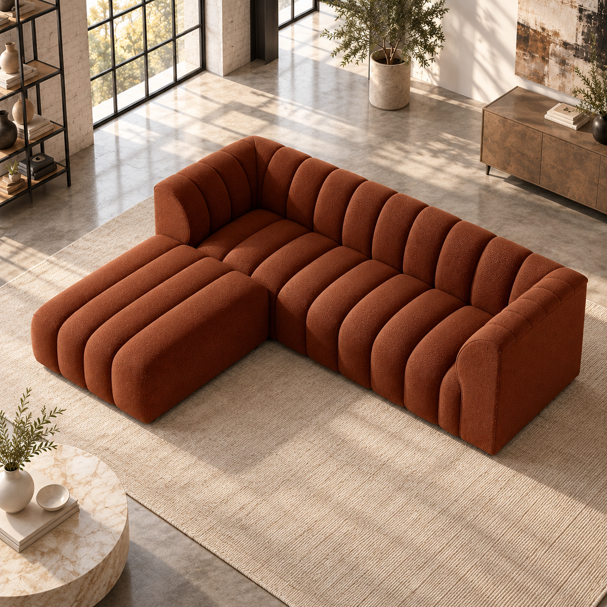 2 Seater Channel Tufted Sofa with Footstool in Burnt Orange Chenille