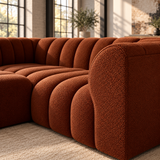 2 Seater Channel Tufted Sofa with Footstool in Burnt Orange Chenille
