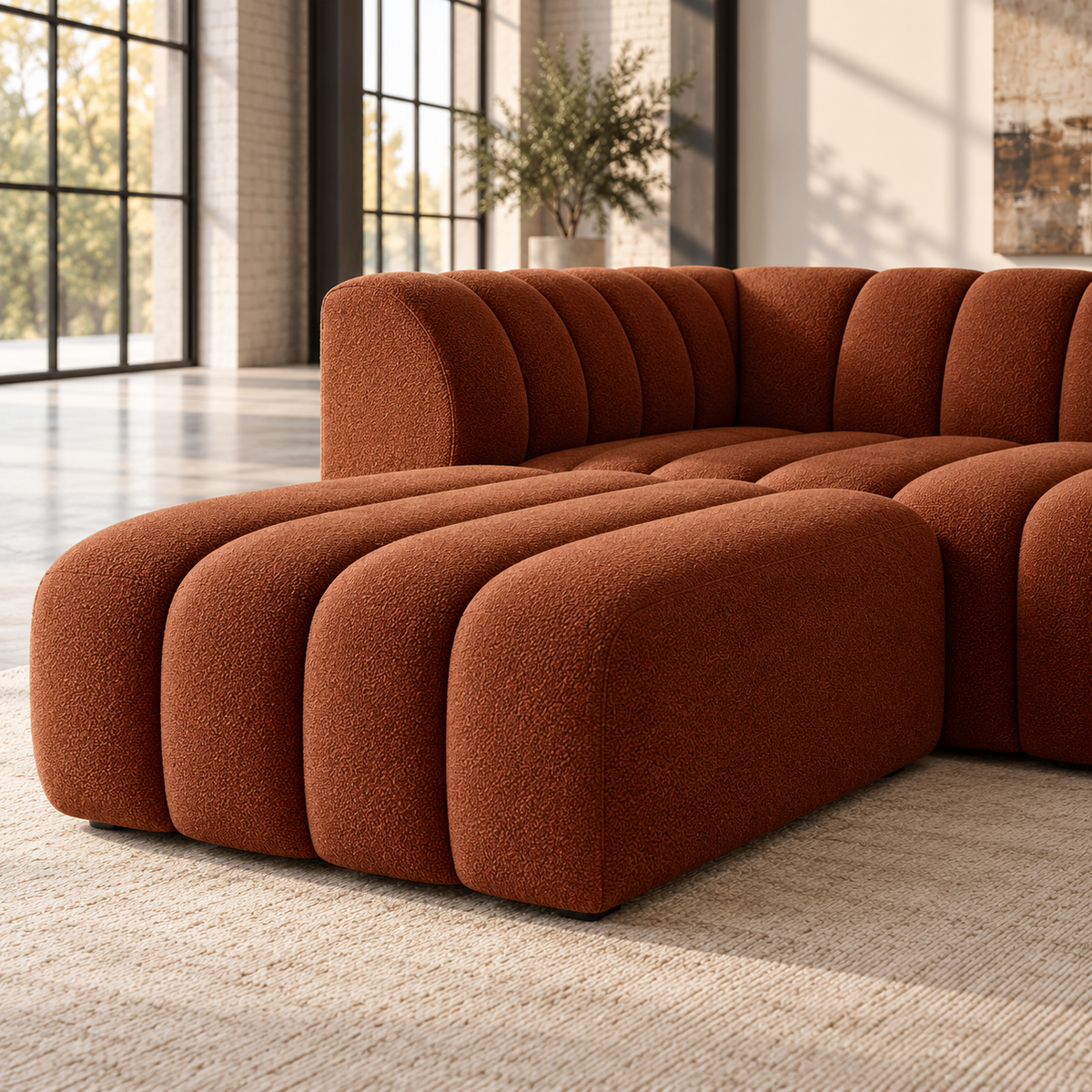 2 Seater Channel Tufted Sofa with Footstool in Burnt Orange Chenille