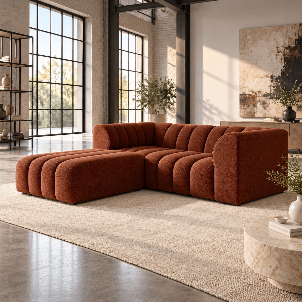 2 Seater Channel Tufted Sofa with Footstool in Burnt Orange Chenille