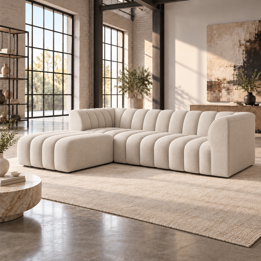 4 Seater Modular Channel Tufted Sofa with Reversible Footstool in Beige Chenille
