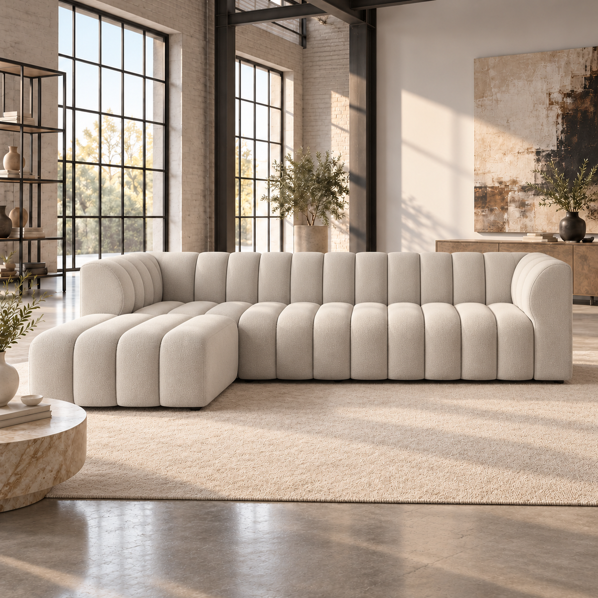 4 Seater Modular Channel Tufted Sofa with Reversible Footstool in Beige Chenille