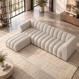 4 Seater Modular Channel Tufted Sofa with Reversible Footstool in Beige Chenille
