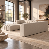 4 Seater Modular Channel Tufted Sofa with Reversible Footstool in Beige Chenille