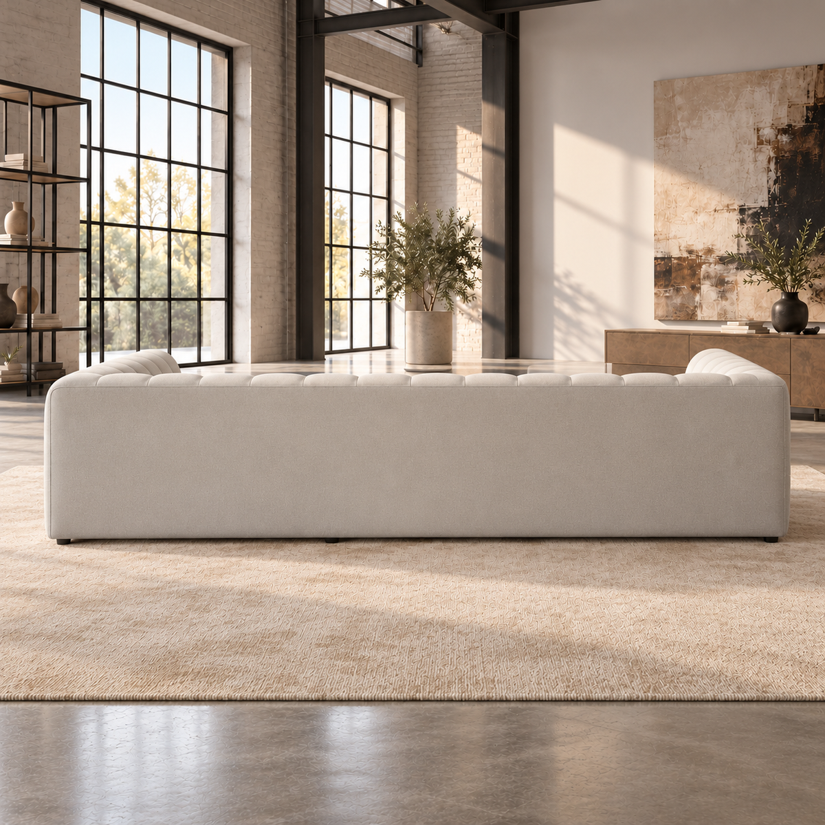 4 Seater Modular Channel Tufted Sofa with Reversible Footstool in Beige Chenille