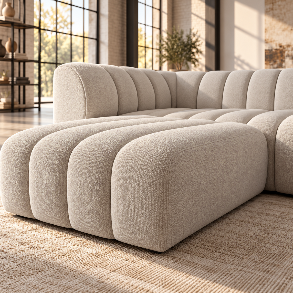 4 Seater Modular Channel Tufted Sofa with Reversible Footstool in Beige Chenille