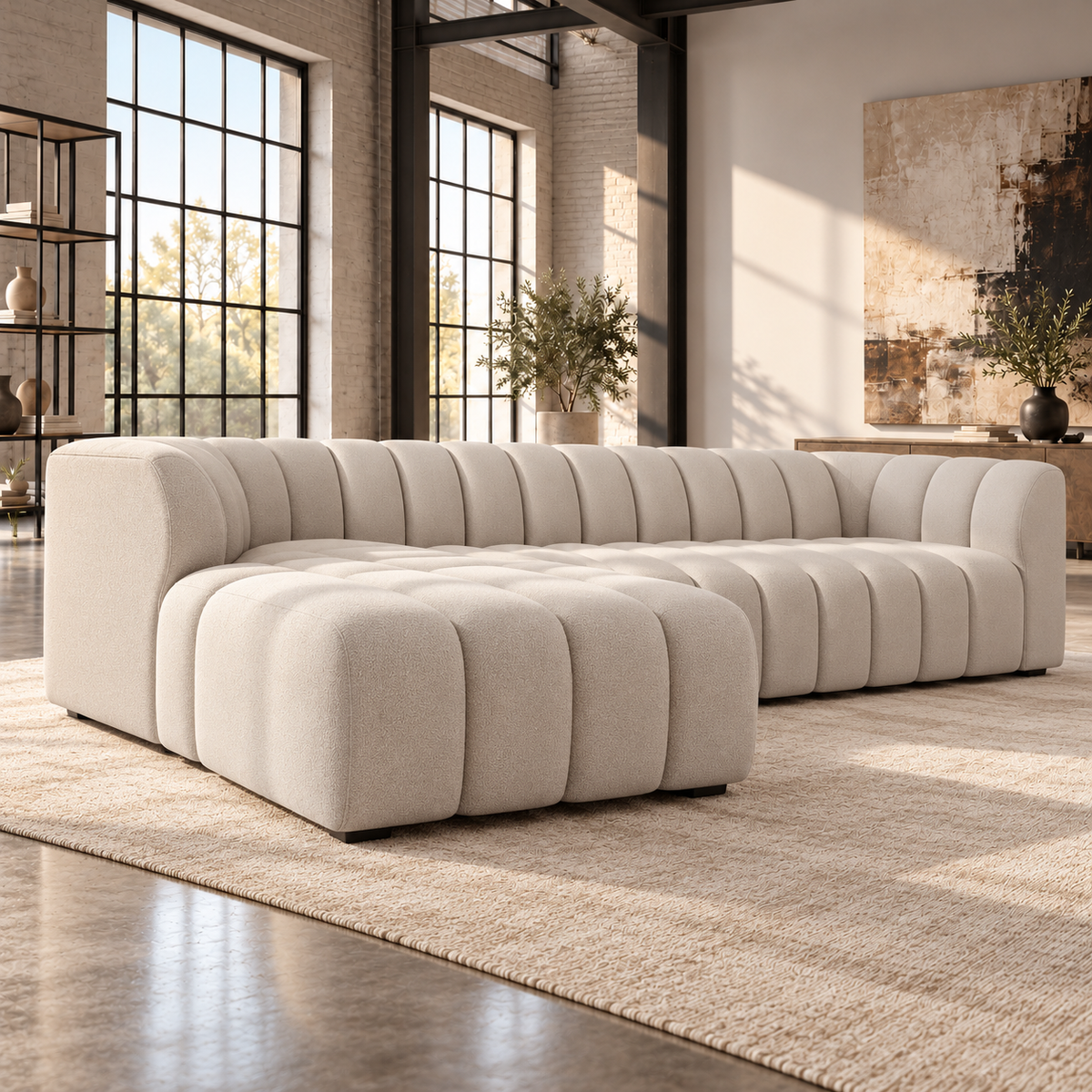 4 Seater Modular Channel Tufted Sofa with Reversible Footstool in Beige Chenille